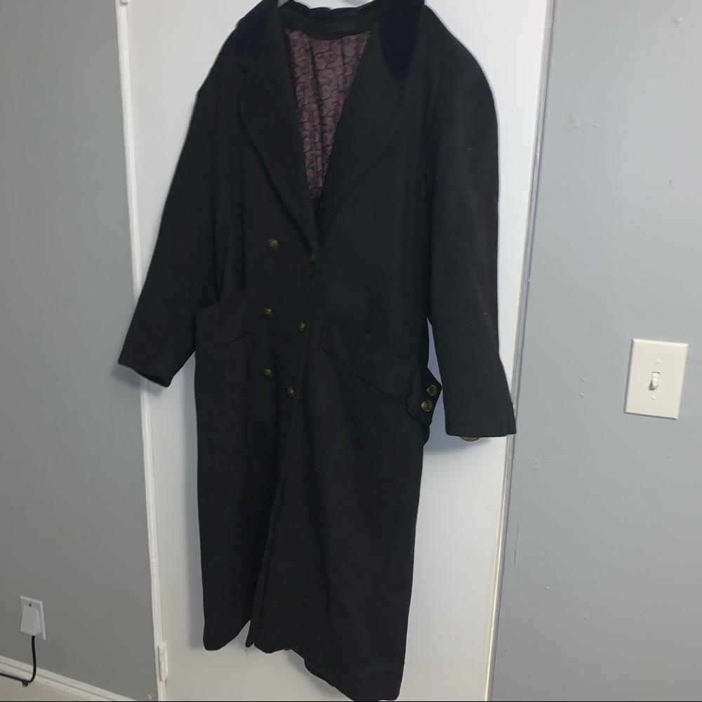 Vintage long trench coat black gold buttons 48” long xl oversized 50” chest